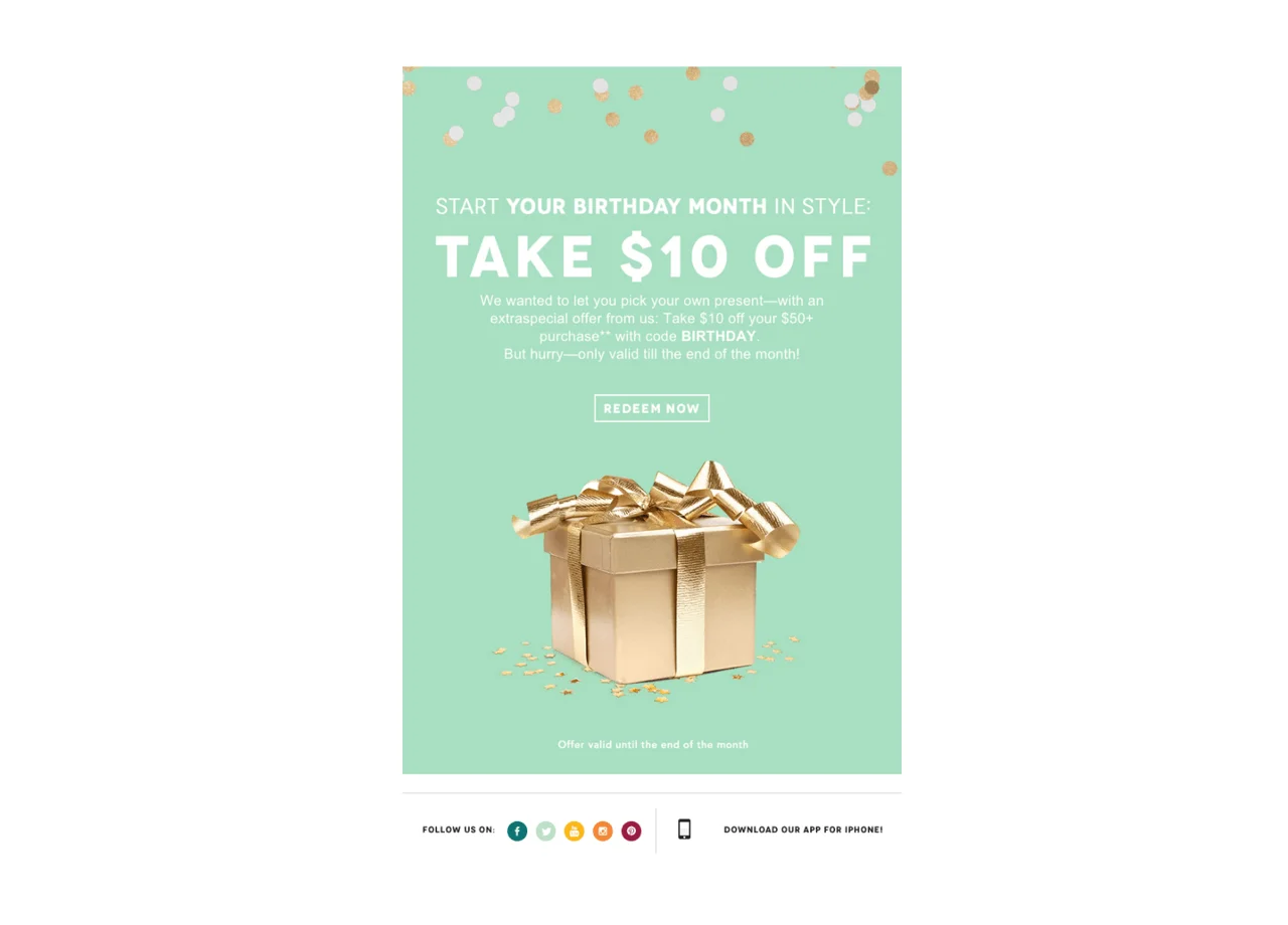 Birchbox oferece um cupom de aniversário de $ 10 para aumentar o envolvimento do cliente por e-mail