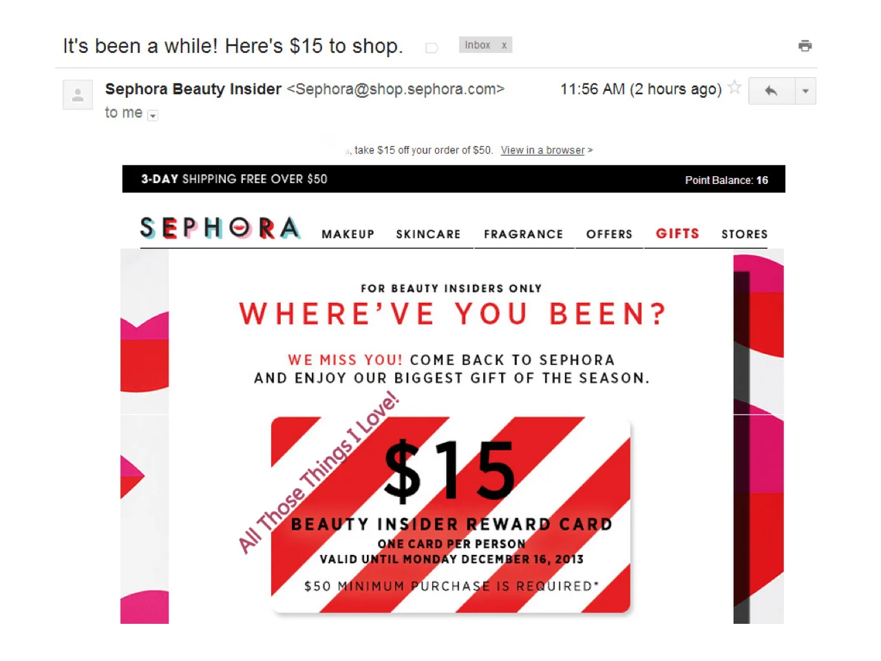 Sephora envia um e-mail Miss You que oferece um cartão de recompensa de $ 15