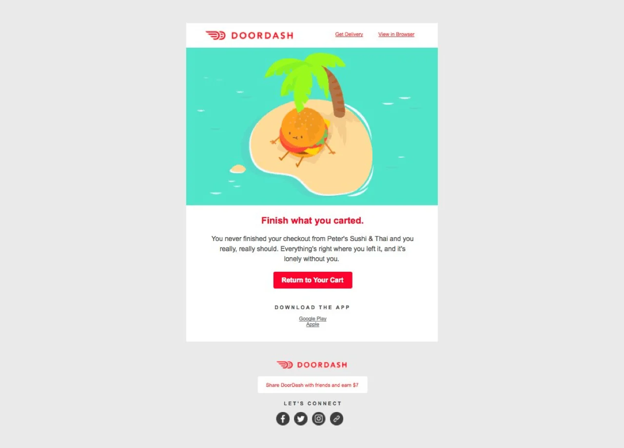 Exemplo de e-mail de carrinho abandonado por Doordash