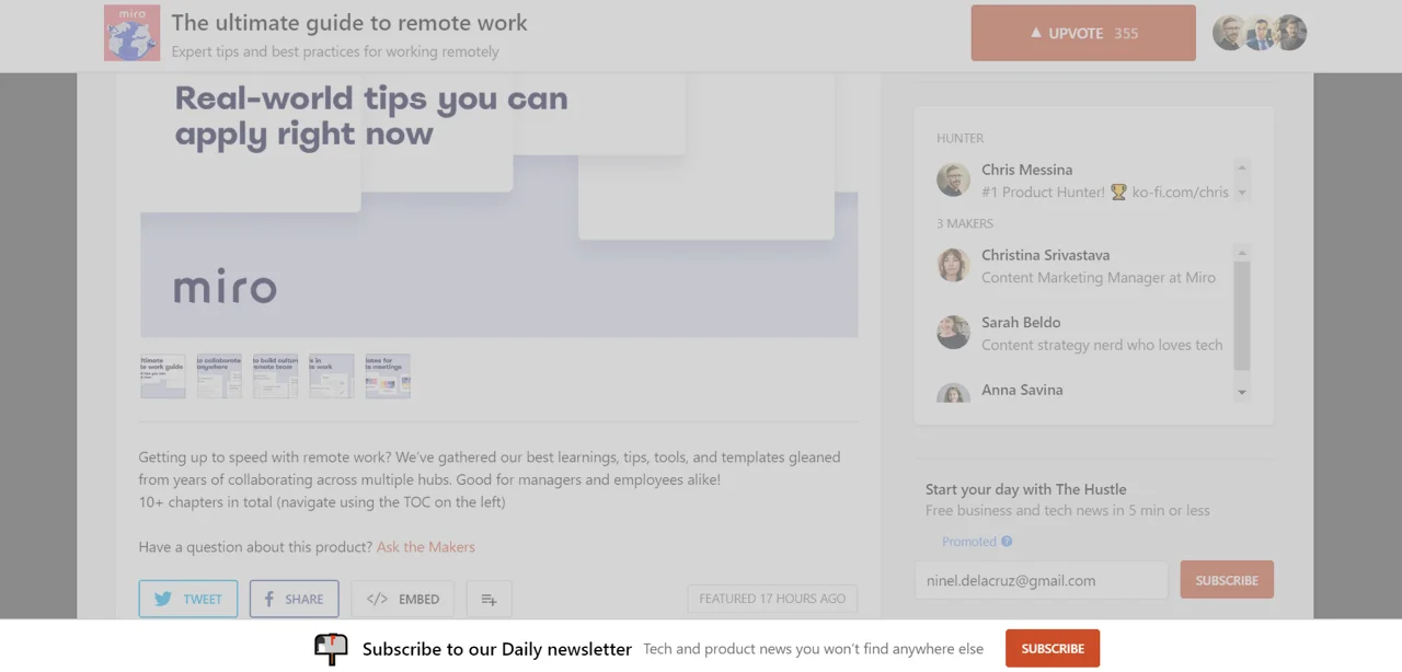 Product Hunt folosește o bară de înscriere prin e-mail pentru a colecta e-mailuri