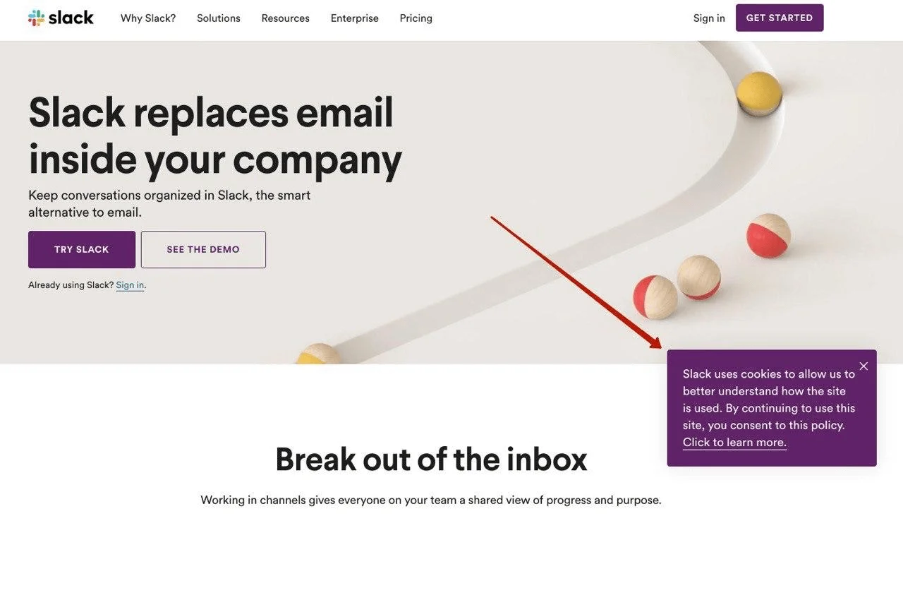 Slack folosește un popup al site-ului web pentru a afișa mesajul de consimțământ al cookie-urilor