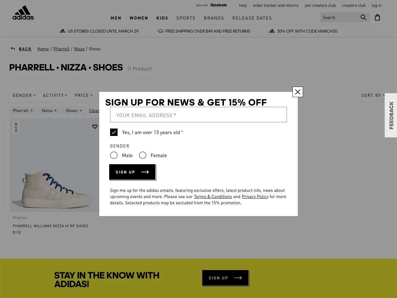 Pop-up site-ul web de la Adidas cu o casetă de selectare a consimțământului