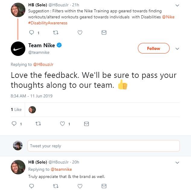 tweets de feedback do cliente da Nike