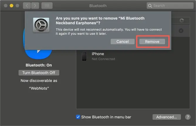 Подтвердите удаление устройства Bluetooth