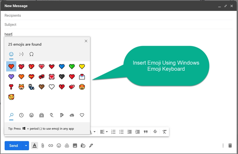 Вставить эмодзи в Gmail Windows