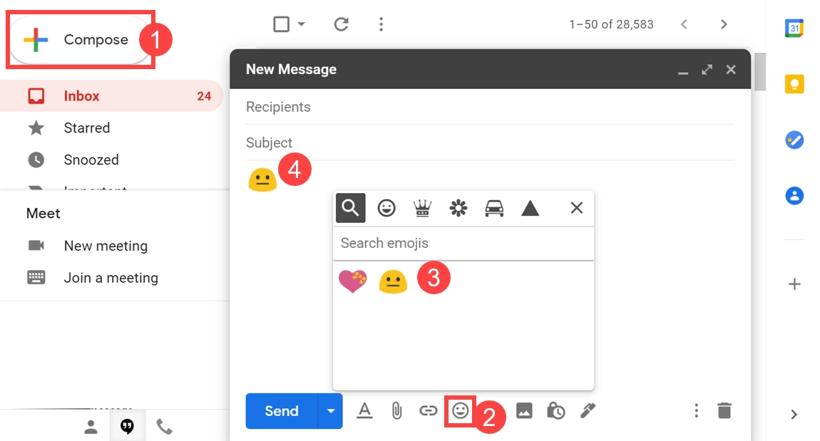 Вставить эмодзи в веб-интерфейс Gmail