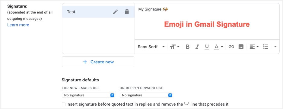 Вставить эмодзи в подпись Gmail