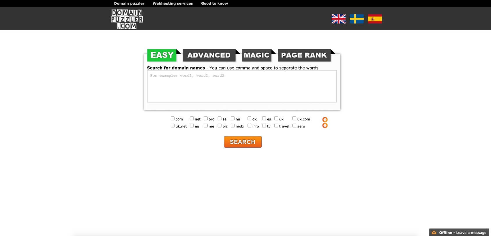 Page d'accueil de DomainPuzzler