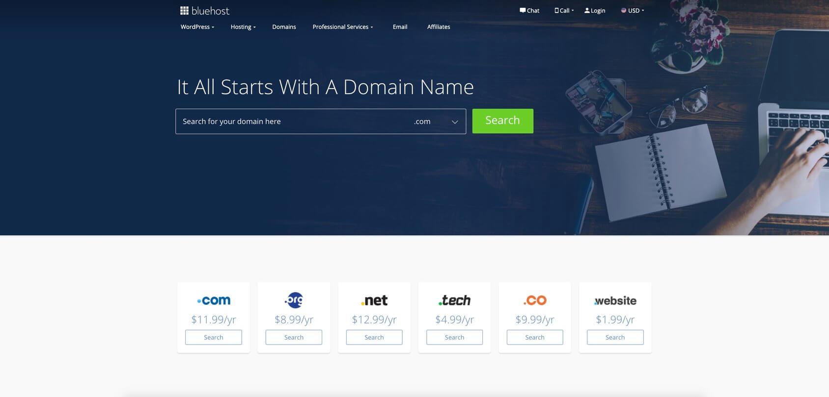 Page d'accueil de la recherche de domaine Bluehost