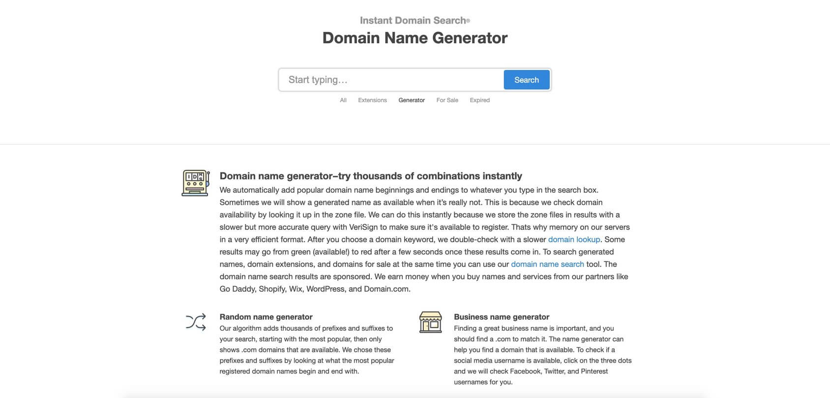 Page d'accueil de la recherche de domaine instantanée