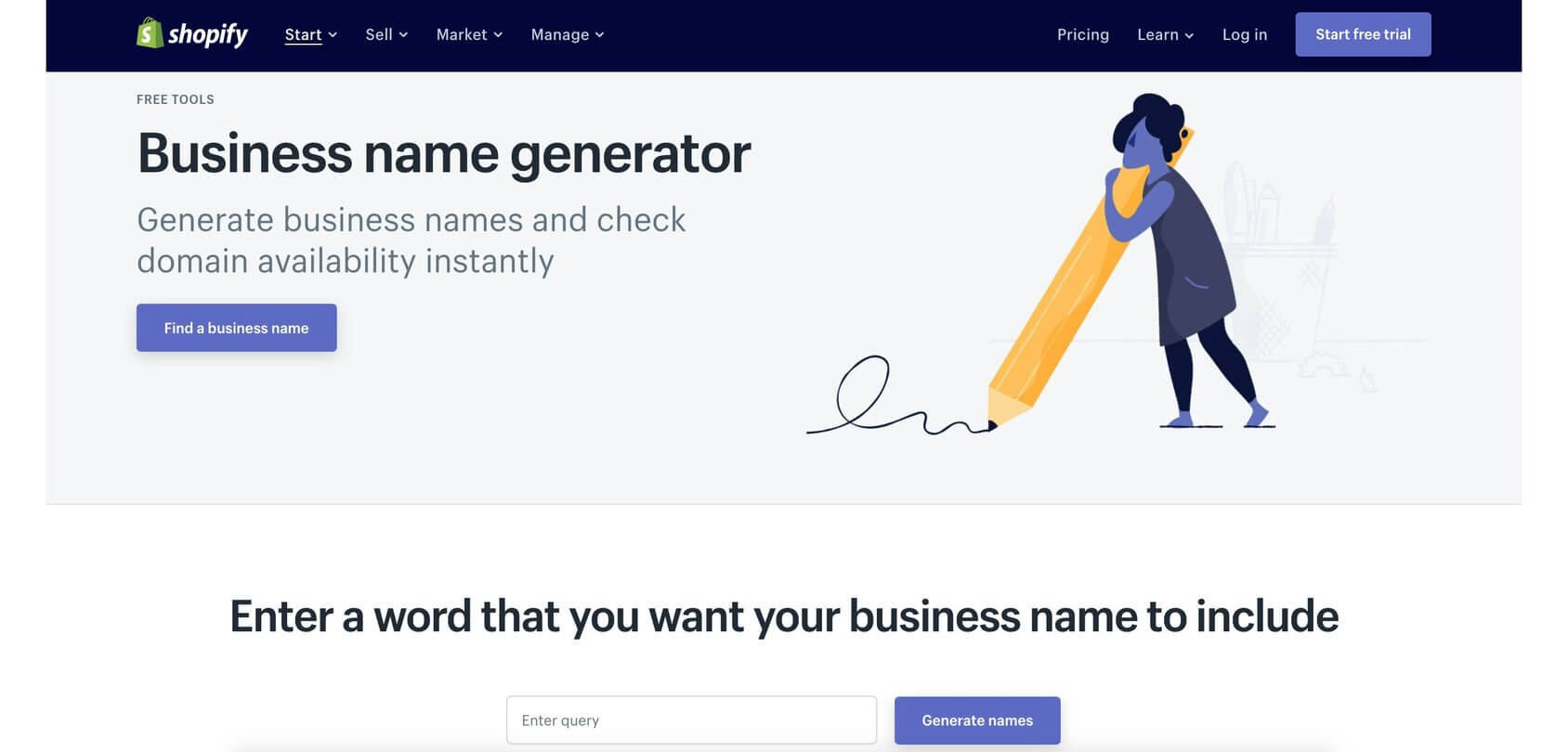 Page d'accueil du générateur de noms Shopify