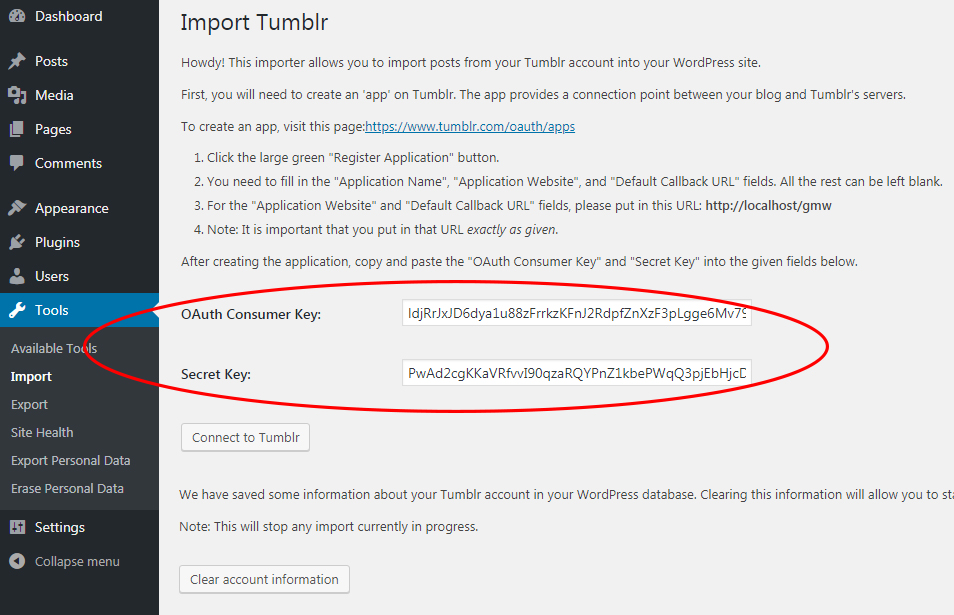 Clés secrètes de l'outil d'importation Tumblr