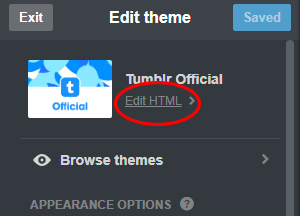 Configurações do Tumblr Editar HTML