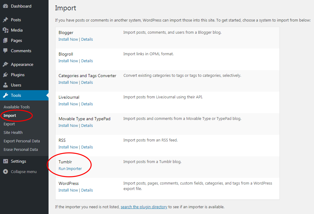 Установка инструмента Tumblr Importer Tool