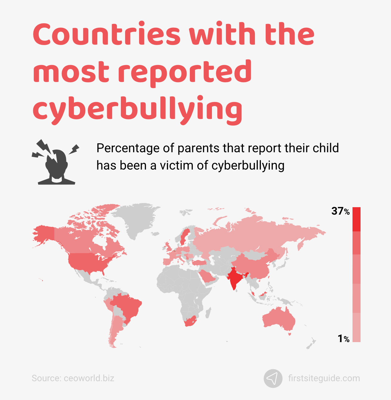 Страны с наибольшим количеством сообщений о киберзапугивании