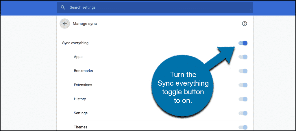 Включите кнопку синхронизации всего в Google Chrome
