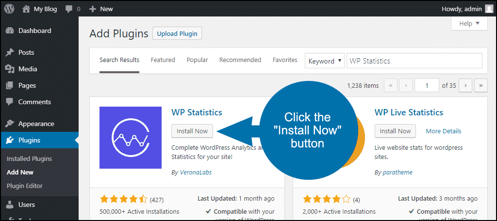 нажмите, чтобы установить плагин WordPress WP Statistics
