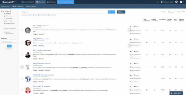 BuzzSumo-Etkileyenler-sekmesi